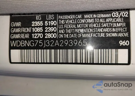 2002 Mercedes-Benz S 500 из США, поврежденный, VIN WDBNG75J32A293965